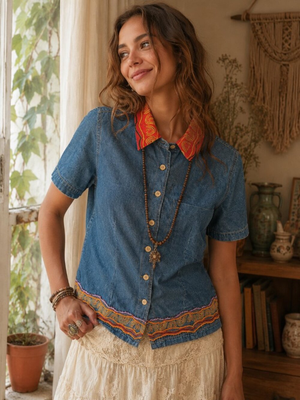 Stonebridge - Whimsical Art to Wear Vintage Denim Button Up - S